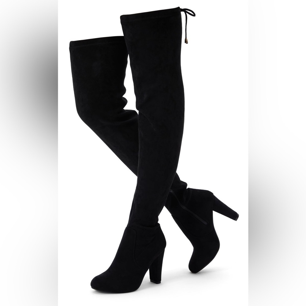 Vepose Black Suede Over-the-Knee Chunky Heels Women's Boots